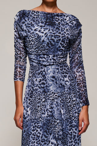 Long Sleeve Asymmetric Gathered Mesh Midi Dress, Black Animal