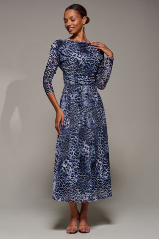 Long Sleeve Asymmetric Gathered Mesh Midi Dress, Black Animal