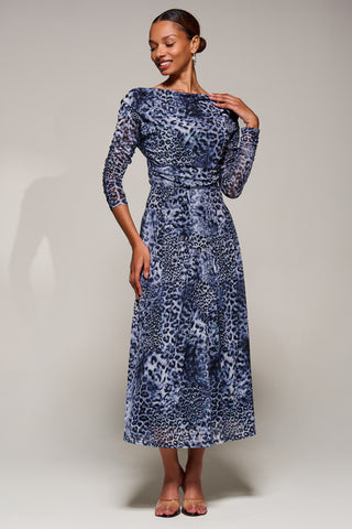 Long Sleeve Asymmetric Gathered Mesh Midi Dress, Black Animal