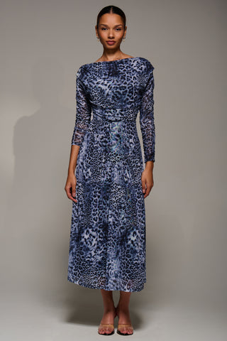 Long Sleeve Asymmetric Gathered Mesh Midi Dress, Black Animal