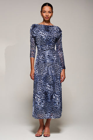 Long Sleeve Asymmetric Gathered Mesh Midi Dress, Black Animal