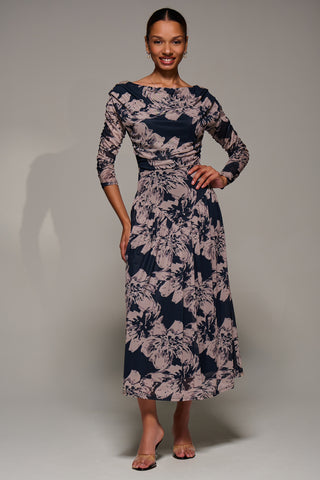 Long Sleeve Asymmetric Gathered Mesh Midi Dress, Black Floral