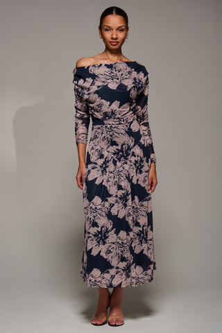 Long Sleeve Asymmetric Gathered Mesh Midi Dress, Black Floral