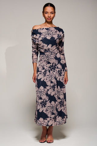 Long Sleeve Asymmetric Gathered Mesh Midi Dress, Black Floral