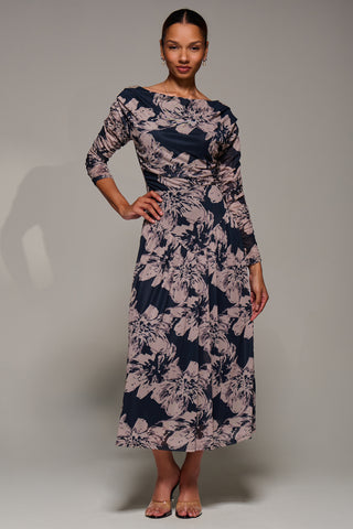 Long Sleeve Asymmetric Gathered Mesh Midi Dress, Black Floral