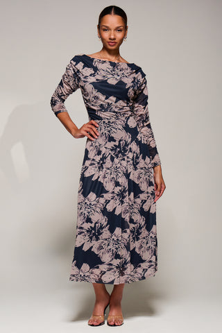 Long Sleeve Asymmetric Gathered Mesh Midi Dress, Black Floral