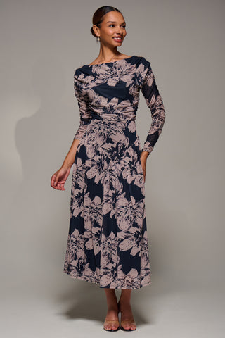 Long Sleeve Asymmetric Gathered Mesh Midi Dress, Black Floral