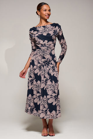 Long Sleeve Asymmetric Gathered Mesh Midi Dress, Black Floral