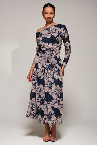 Long Sleeve Asymmetric Gathered Mesh Midi Dress, Black Floral