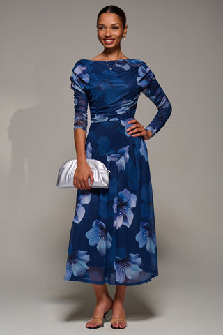 Long Sleeve Asymmetric Gathered Mesh Midi Dress, Blue Floral