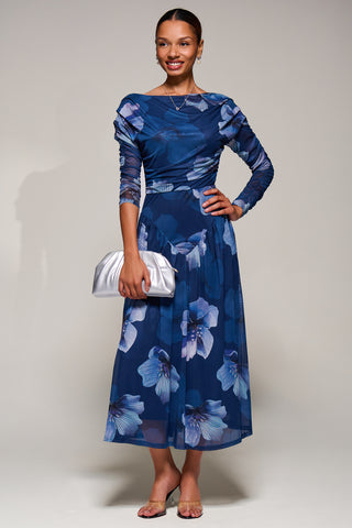 Long Sleeve Asymmetric Gathered Mesh Midi Dress, Blue Floral Jolie Moi Retail Long Sleeve Asymmetric Gathered Mesh Midi Dress, Blue Floral Jolie Moi Retail