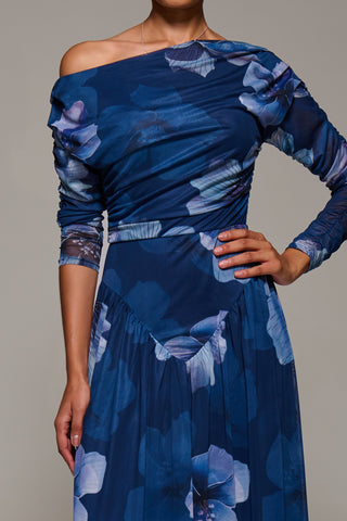 Long Sleeve Asymmetric Gathered Mesh Midi Dress, Blue Floral