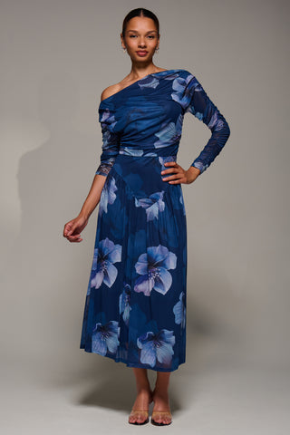 Long Sleeve Asymmetric Gathered Mesh Midi Dress, Blue Floral