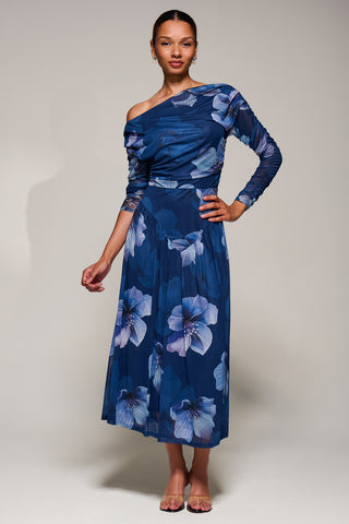 Long Sleeve Asymmetric Gathered Mesh Midi Dress, Blue Floral – Jolie Moi  Retail