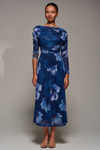 Long Sleeve Asymmetric Gathered Mesh Midi Dress, Blue Floral