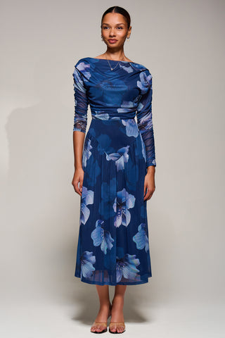 Long Sleeve Asymmetric Gathered Mesh Midi Dress, Blue Floral