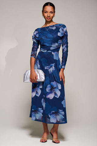 Long Sleeve Asymmetric Gathered Mesh Midi Dress, Blue Floral