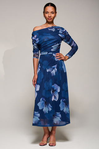 Long Sleeve Asymmetric Gathered Mesh Midi Dress, Blue Floral