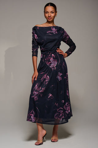 Long Sleeve Asymmetric Gathered Mesh Midi Dress, Pink Floral