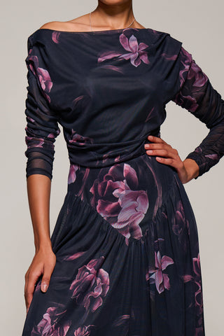 Long Sleeve Asymmetric Gathered Mesh Midi Dress, Pink Floral