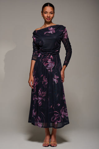 Long Sleeve Asymmetric Gathered Mesh Midi Dress, Pink Floral