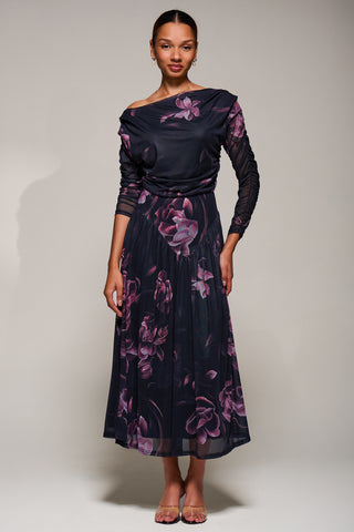 Long Sleeve Asymmetric Gathered Mesh Midi Dress, Pink Floral