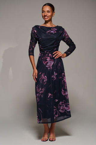 Long Sleeve Asymmetric Gathered Mesh Midi Dress, Pink Floral