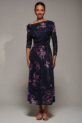 Long Sleeve Asymmetric Gathered Mesh Midi Dress, Pink Floral