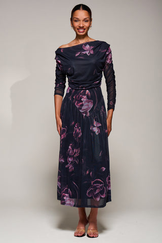 Long Sleeve Asymmetric Gathered Mesh Midi Dress, Pink Floral