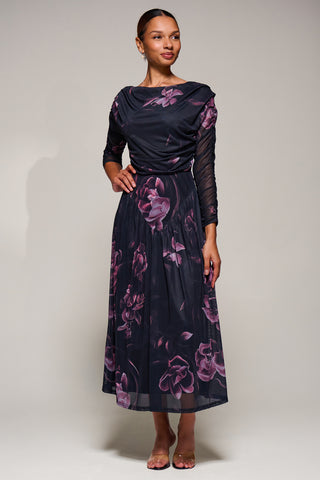 Long Sleeve Asymmetric Gathered Mesh Midi Dress, Pink Floral