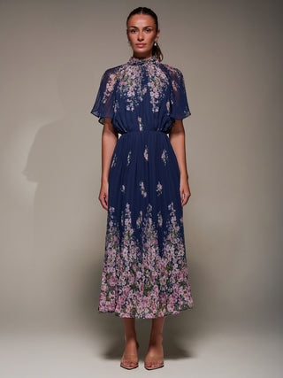 High Neck Short Sleeve Pleated Chiffon Dress,  Navy Floral