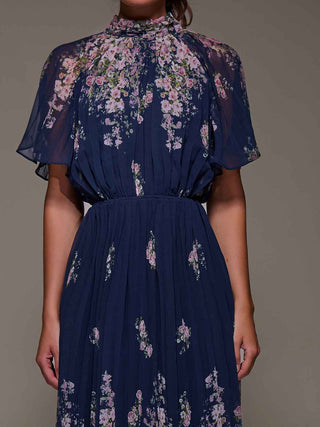 High Neck Short Sleeve Pleated Chiffon Dress,  Navy Floral