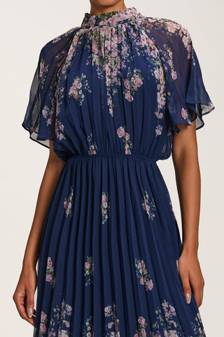 High Neck Short Sleeve Pleated Chiffon Dress,  Navy Floral