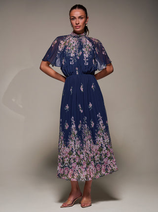 High Neck Short Sleeve Pleated Chiffon Dress,  Navy Floral