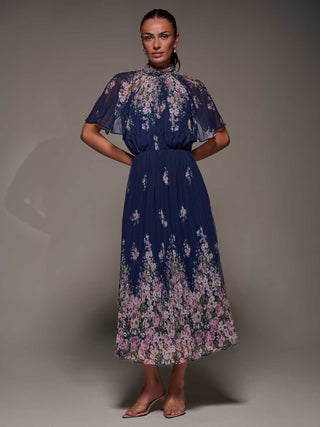 High Neck Short Sleeve Pleated Chiffon Dress,  Navy Floral