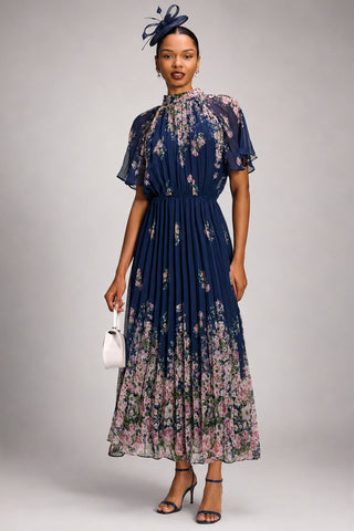 High Neck Short Sleeve Pleated Chiffon Dress,  Navy Floral
