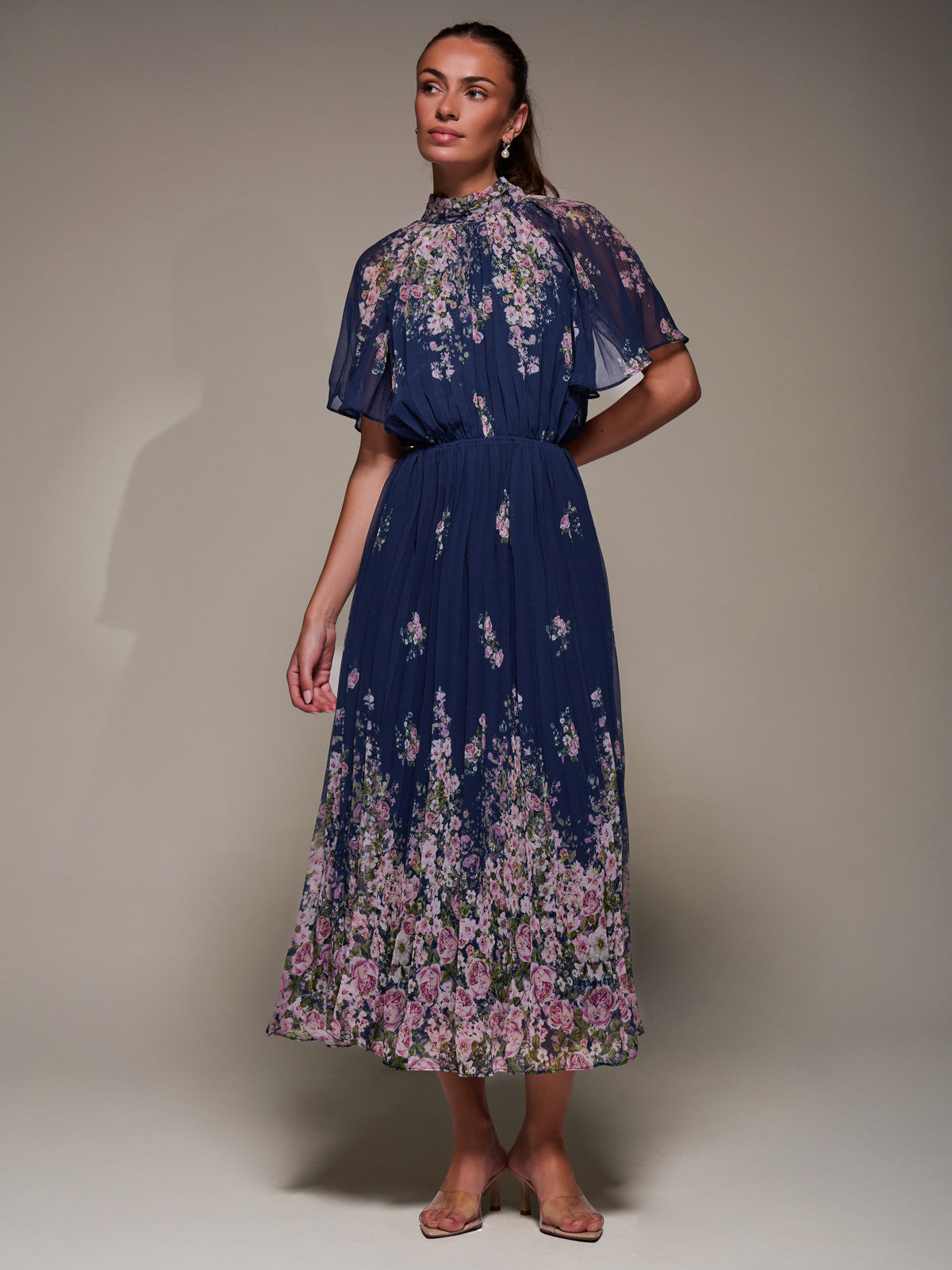 High Neck Short Sleeve Pleated Chiffon Dress, Navy Floral – Jolie