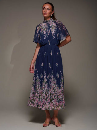 High Neck Short Sleeve Pleated Chiffon Dress,  Navy Floral