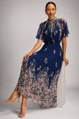 High Neck Short Sleeve Pleated Chiffon Dress,  Navy Floral