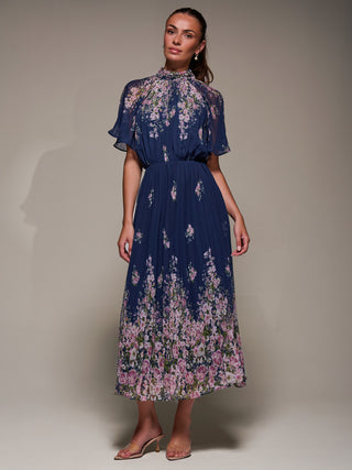 High Neck Short Sleeve Pleated Chiffon Dress,  Navy Floral