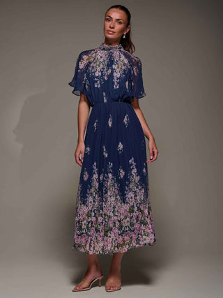 High Neck Short Sleeve Pleated Chiffon Dress,  Navy Floral