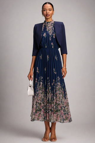 High Neck Short Sleeve Pleated Chiffon Dress,  Navy Floral