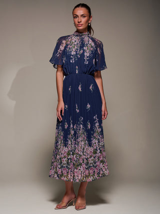High Neck Short Sleeve Pleated Chiffon Dress,  Navy Floral