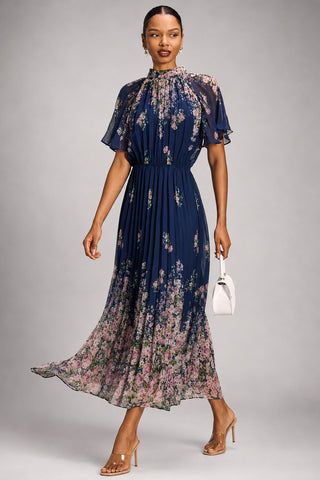 High Neck Short Sleeve Pleated Chiffon Dress,  Navy Floral