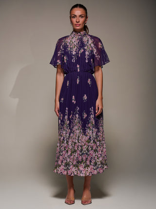 High Neck Short Sleeve Pleated Chiffon Dress, Purple Floral