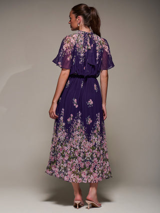 High Neck Short Sleeve Pleated Chiffon Dress, Purple Floral Jolie Moi Retail High Neck Short Sleeve Pleated Chiffon Dress, Purple Floral Jolie Moi Retail