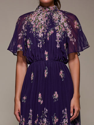 High Neck Short Sleeve Pleated Chiffon Dress, Purple Floral