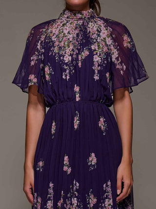 High Neck Short Sleeve Pleated Chiffon Dress, Purple Floral