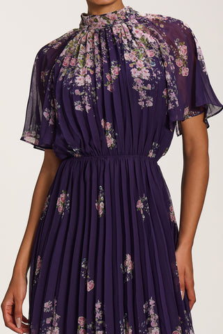 High Neck Short Sleeve Pleated Chiffon Dress, Purple Floral