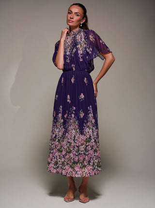 High Neck Short Sleeve Pleated Chiffon Dress, Purple Floral